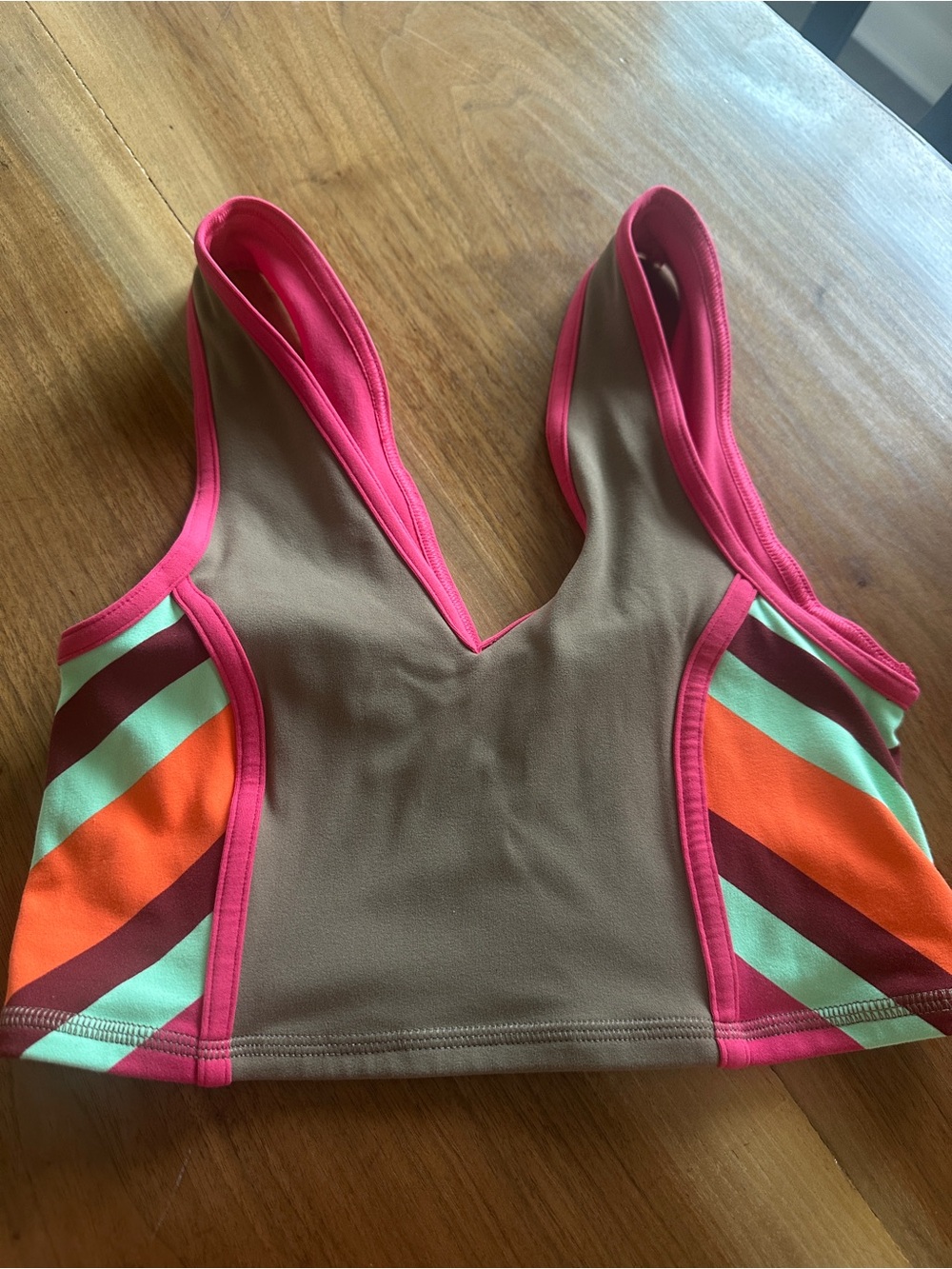 FP Movement by Free People Brown V‑Neck Colorblock Crop Tank with Neon Trim